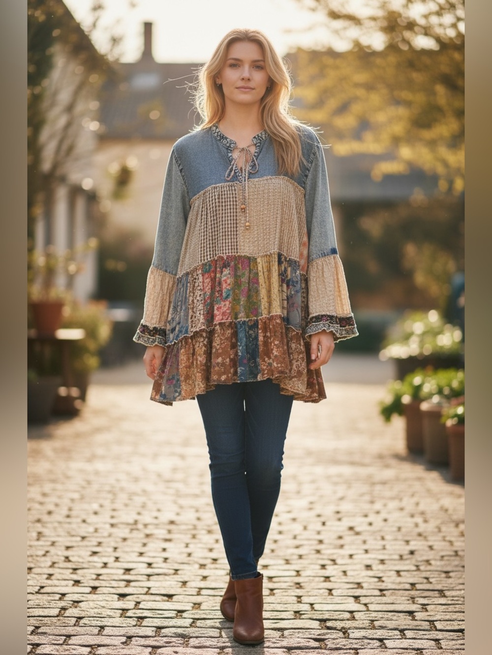 Young Threads Floral Patchwork Tunic - Denim & Multi Floral